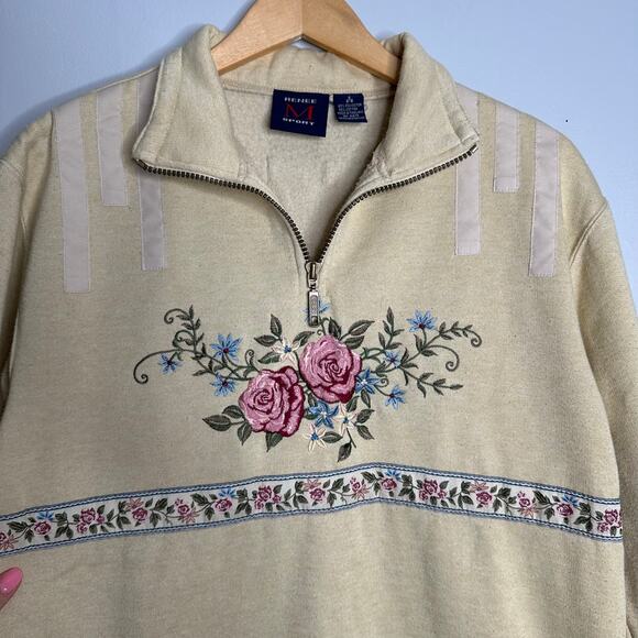 Renee Sport Women's‎ Vintage Yellow 1/4 Zip Floral Embroidered Sweatshirt Size S - Picture 4 of 9